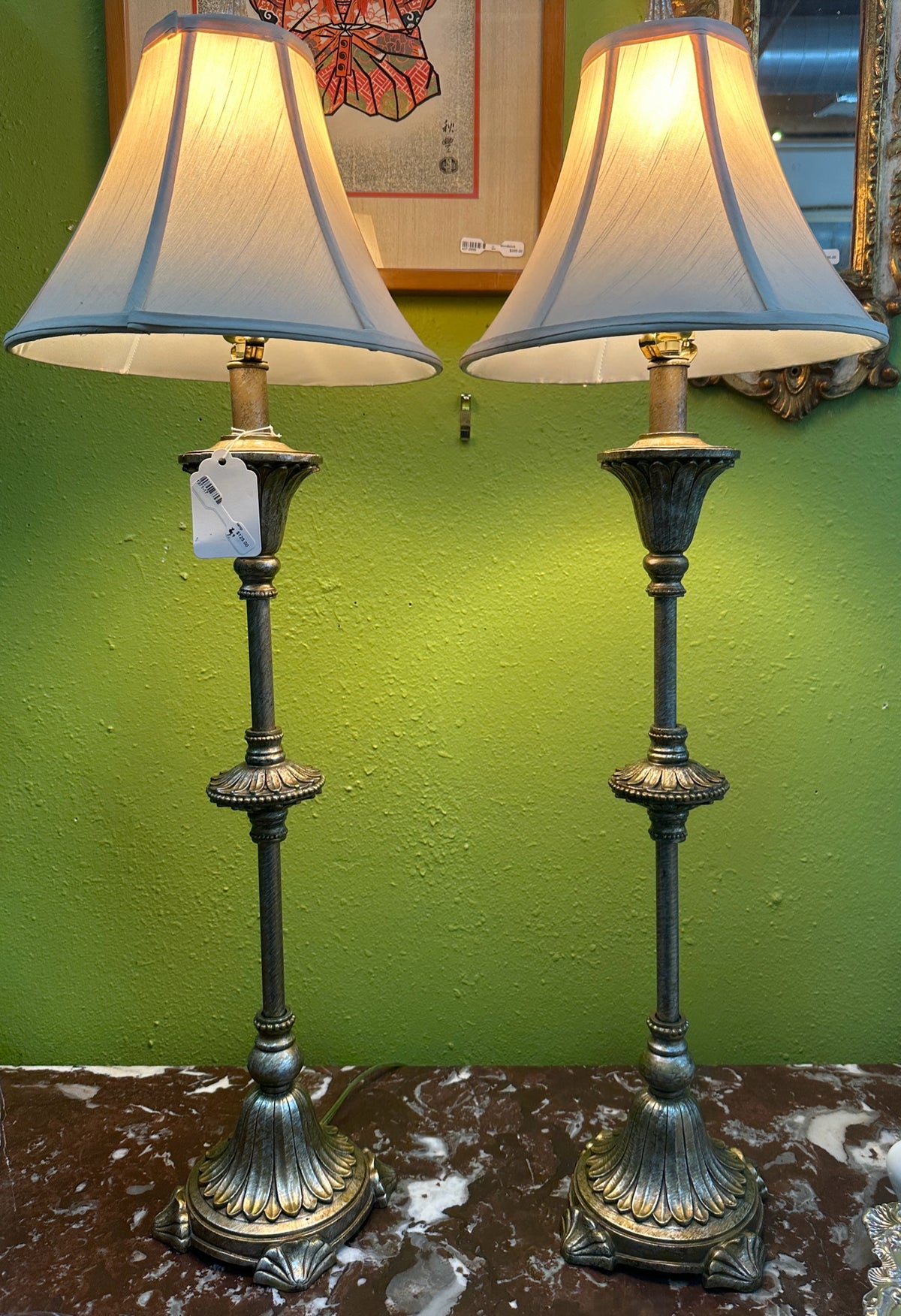 Pair of Candlestick style Buffet Lamps With Silk Shades