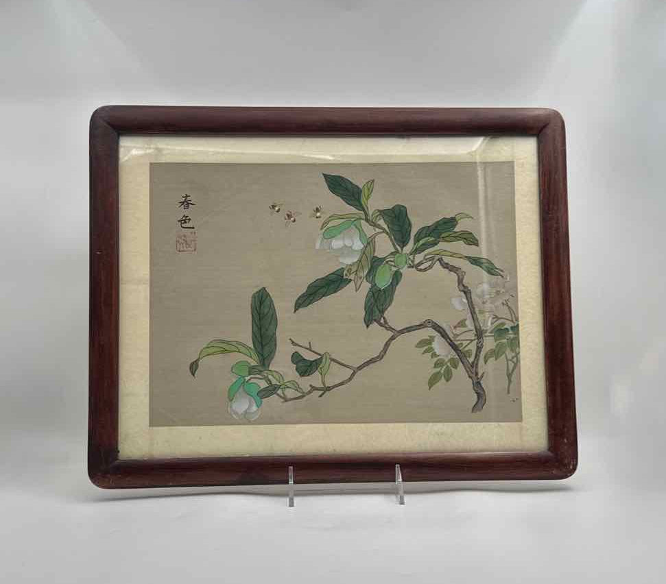 Framed Chinese Floral Silk Painting with Bees Hand Painted Art