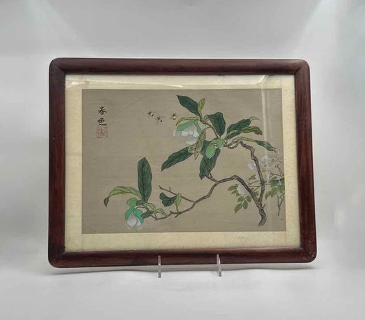 Framed Chinese Floral Silk Painting with Bees Hand Painted Art