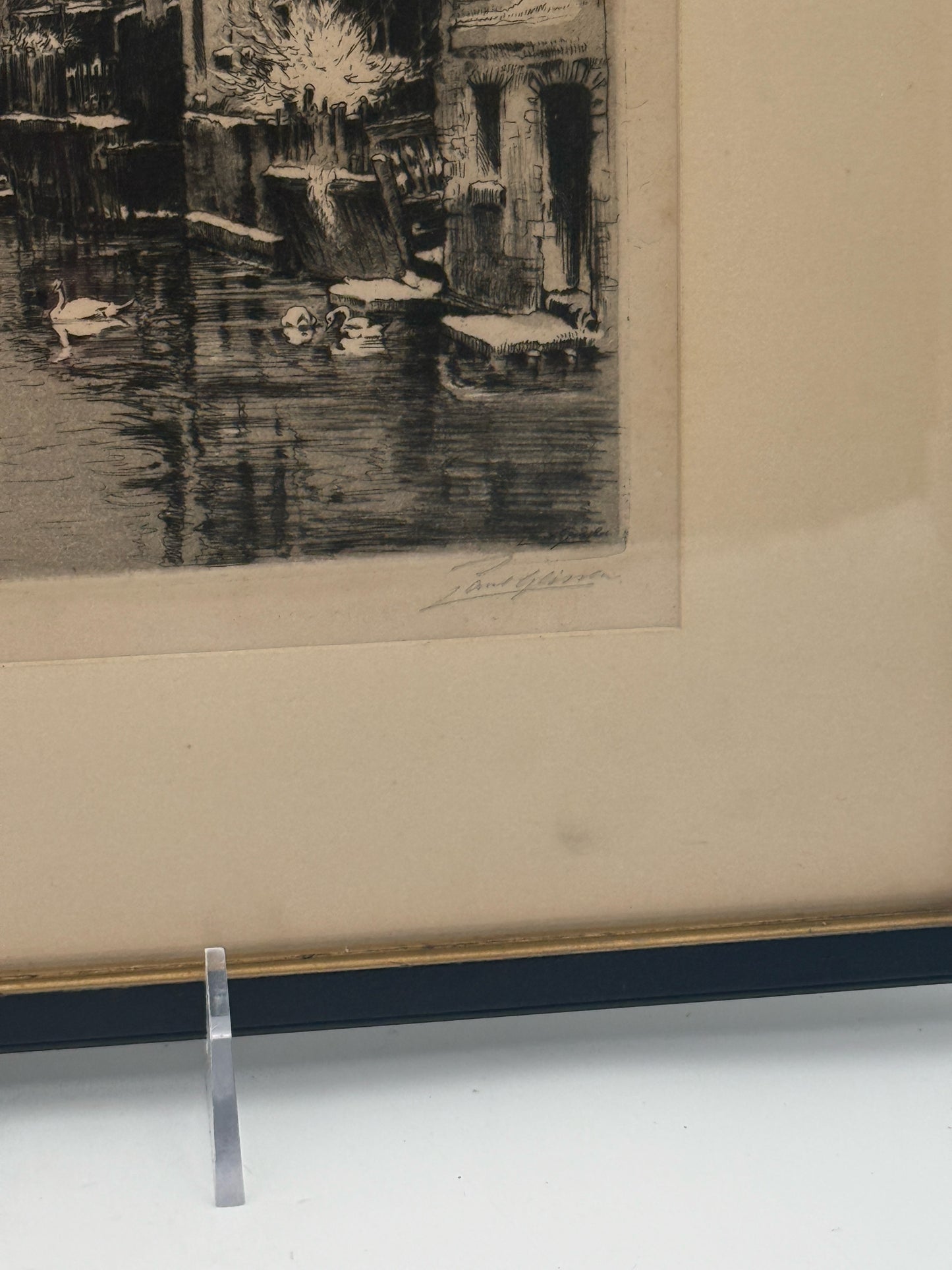 Vintage Framed Etching Of A Winter European Canal Scene