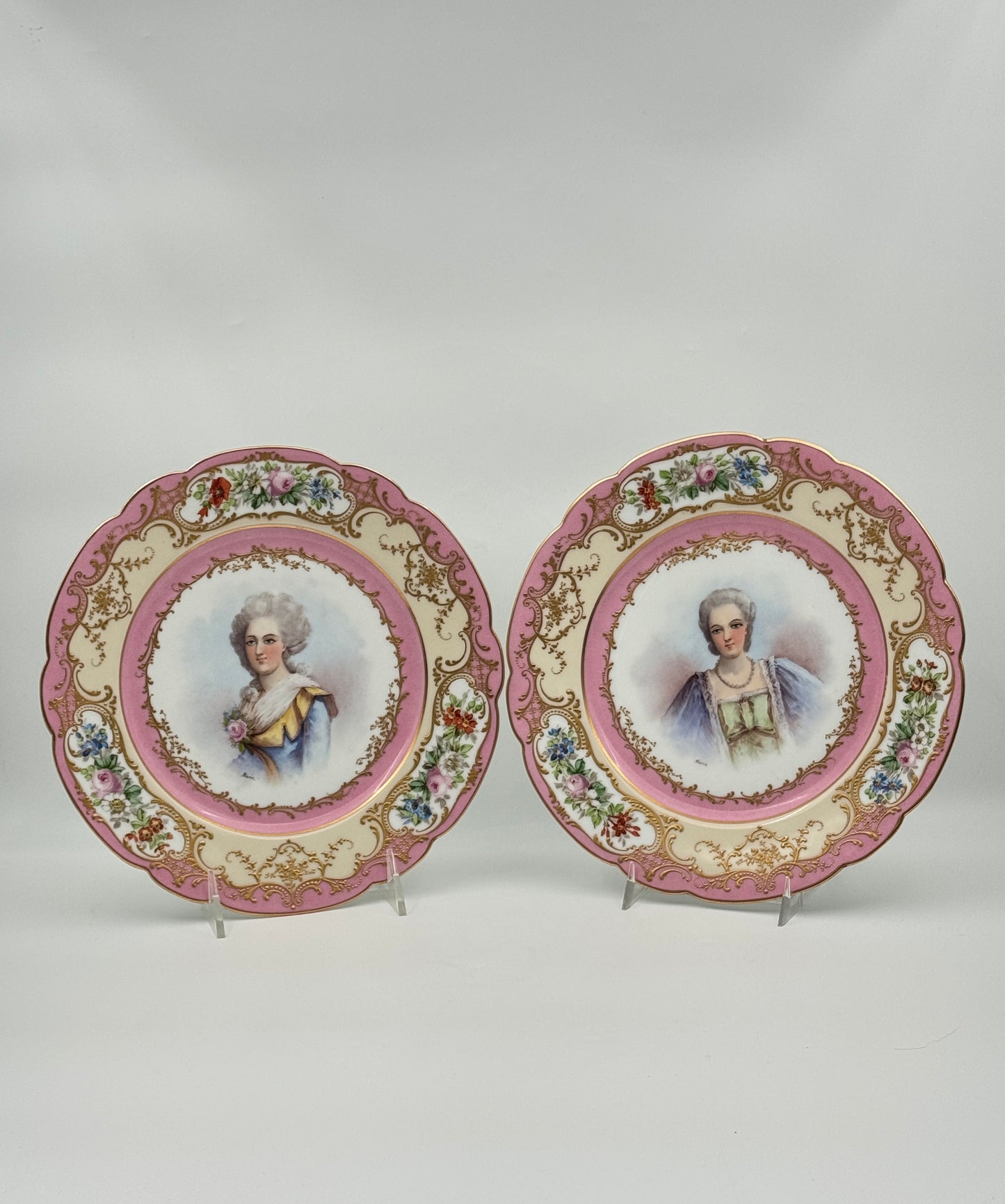 Pair of French Portrait Plates – Sevres Style, Pink & Gilt Rims