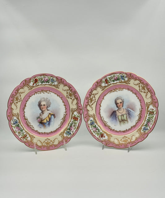 Pair of French Portrait Plates – Sevres Style, Pink & Gilt Rims