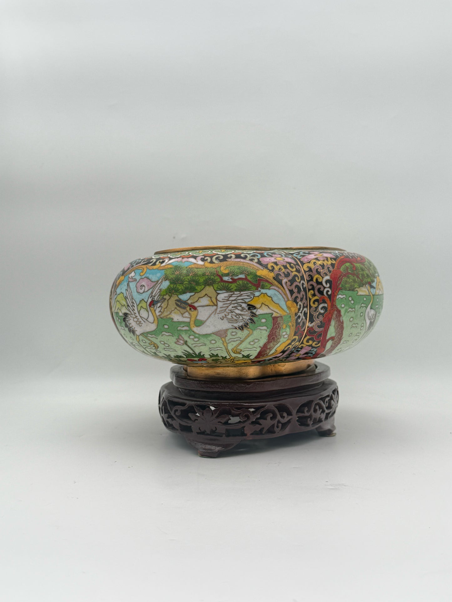 Cloisonne Crane Landscape Bowl On Stand