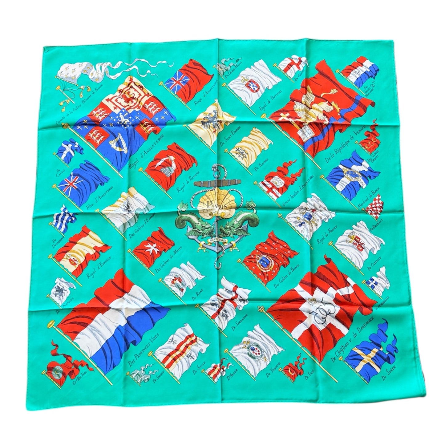 Hermès Silk Scarf “Pavois” by Philippe Ledoux Green with Flags Design