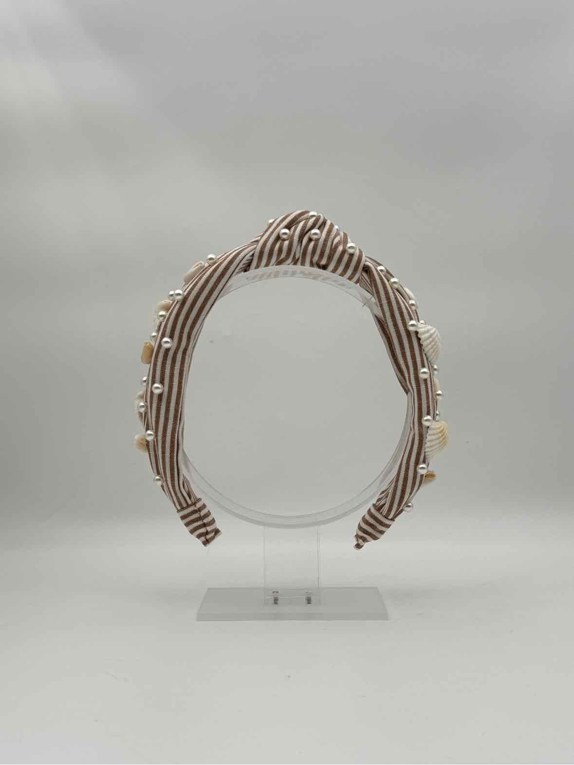 Brown Shell & Pearl Knotted Headband – Striped Embellished Hair Accessory
