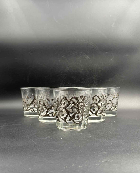 Vintage Libbey Lowball Glasses Scroll Overlay Set of 6 Barware