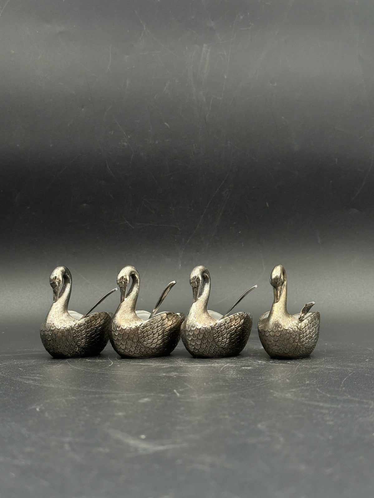 Silverplate Swan Salt Cellars With Spoons- Set Of 4
