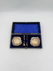 Antique Boxed Sterling Silver Seashell Salt Cellars And Spoons Set