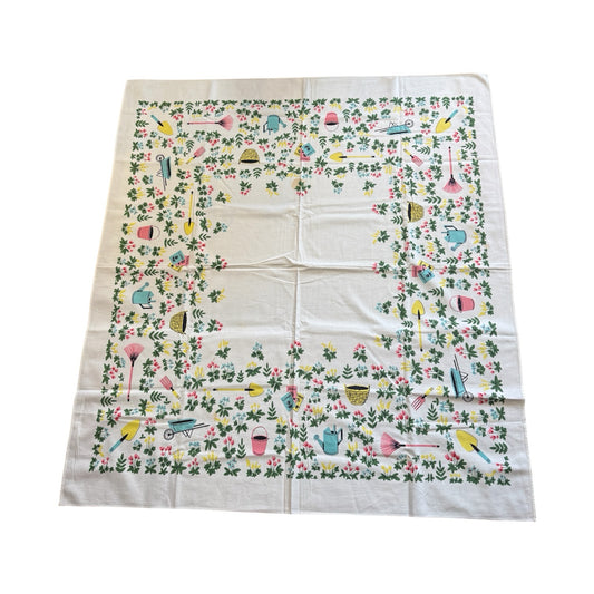 Vintage Midcentury Gardening Flowers Tablecloth