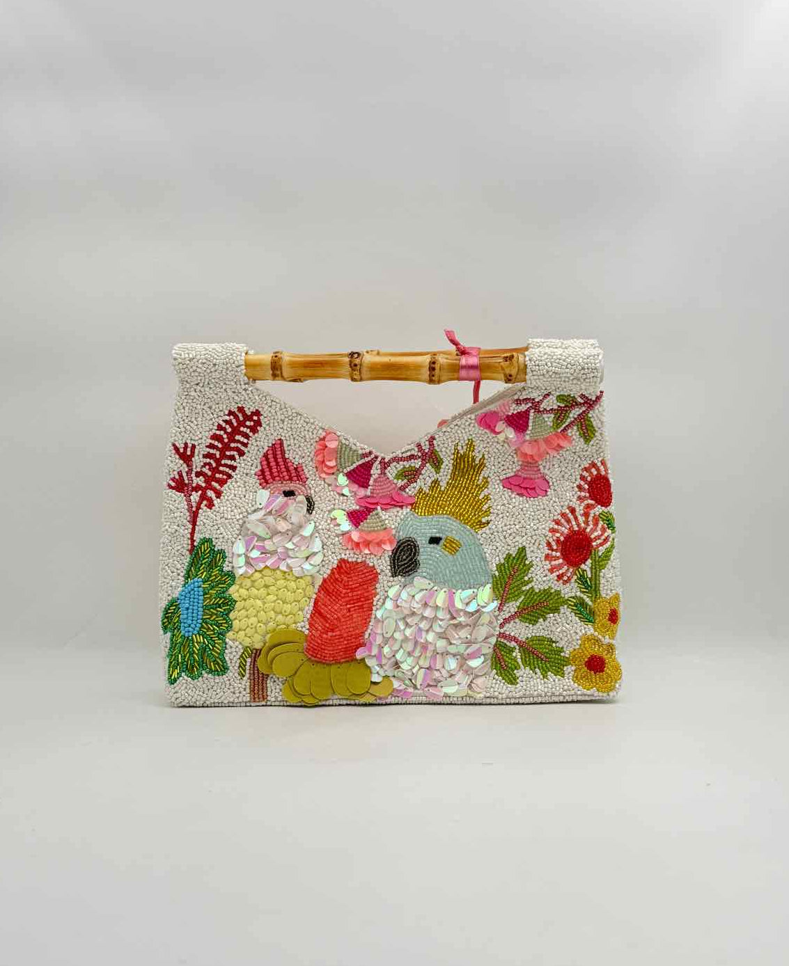 Hand Beaded Parrot Purse Handbag Bamboo Handle Tropical Bird Design