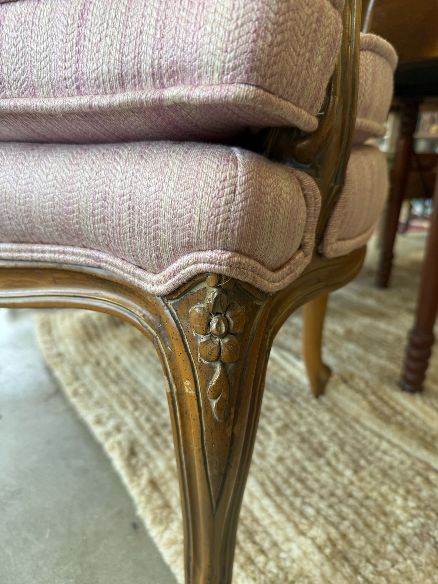 Vintage French Bergere Chair With Pink Upholstered Cushions