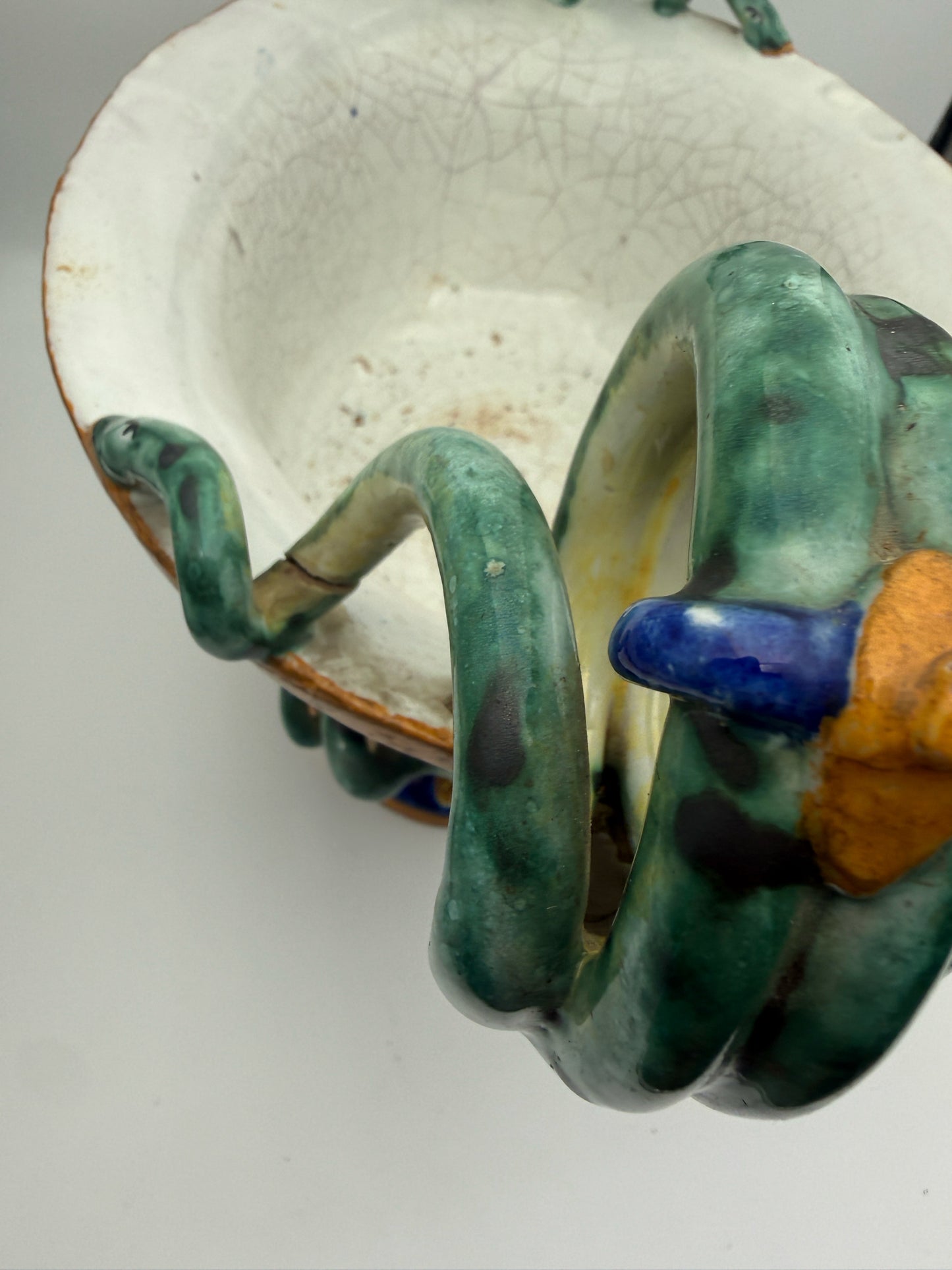 Antique Italian Majolica Zeus And Artemis Jardiniere With Snake Handles