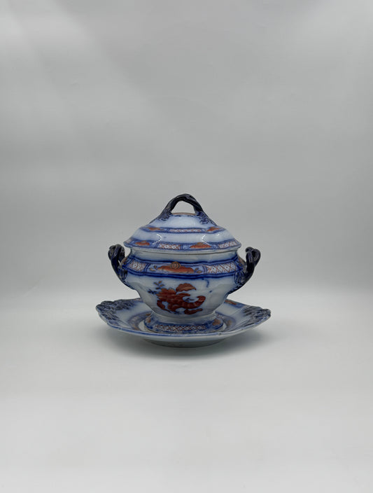 Antique Ironstone Sauce Tureen with Underplate – Blue, Rust & Cream, England