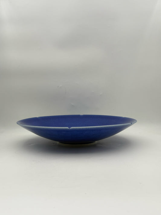 Shallow Fruit Or Serving Ceramic Bowl With Blue Crackle Glaze