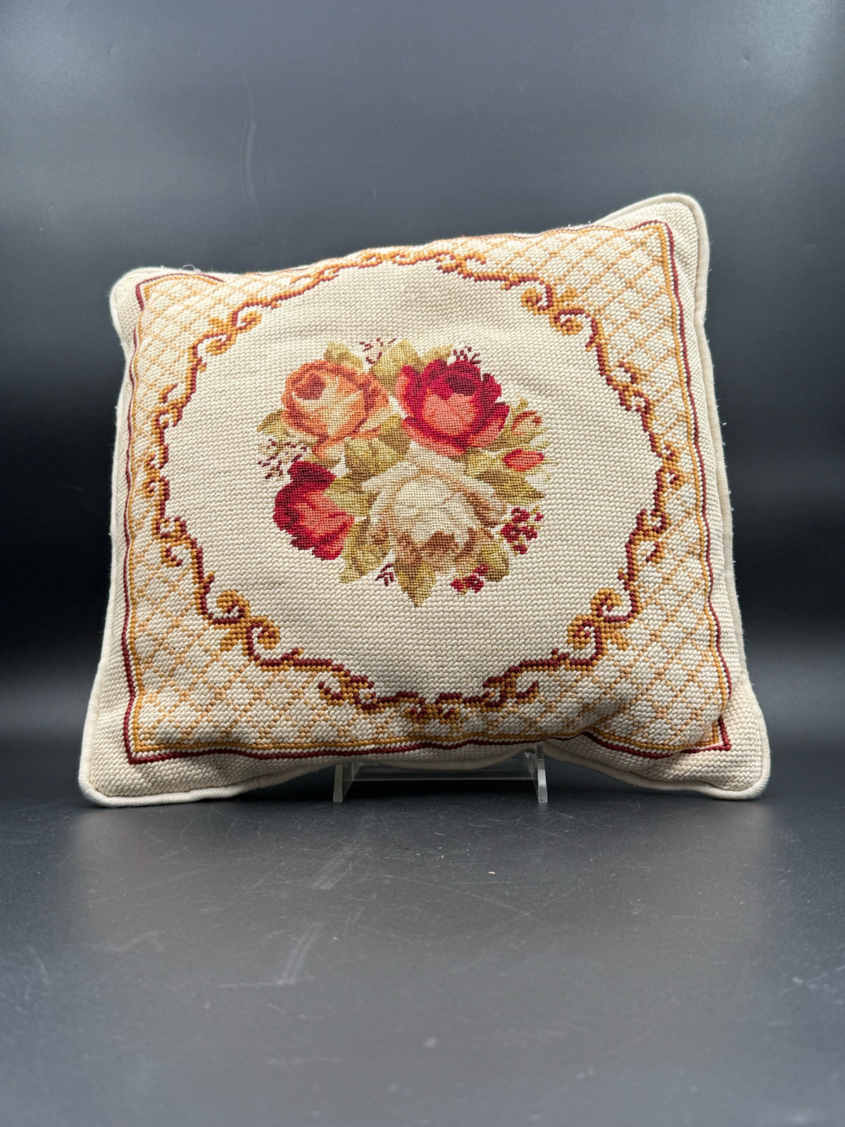 Rose Center Needlepoint Pillow