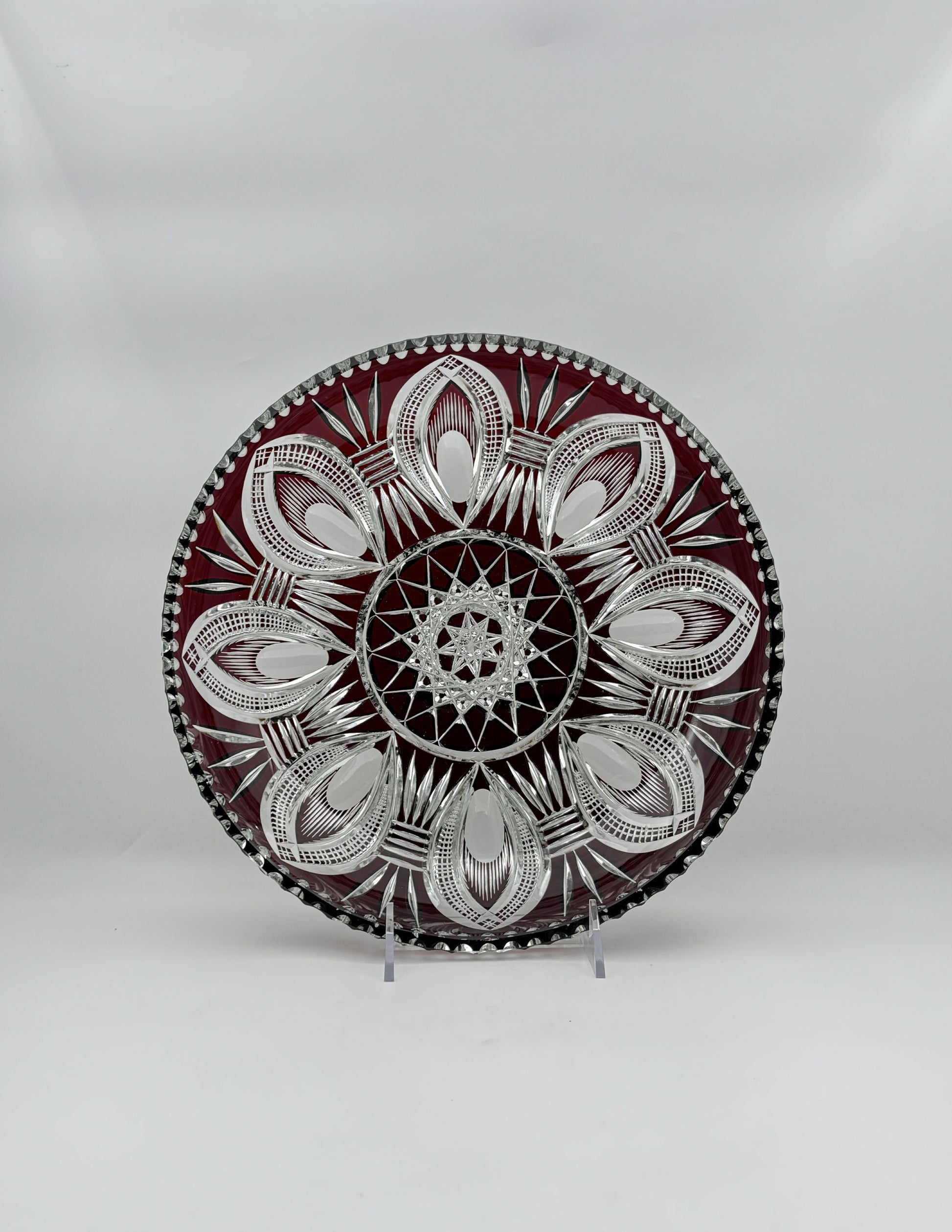 Ruby Red to Clear Cut Glass Shallow Bowl with Starburst Scalloped Edge