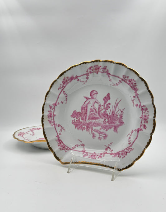 Set of 2 Chinese Ironstone Scalloped Rim Plates – Pink Cherub Design with Gilt Trim