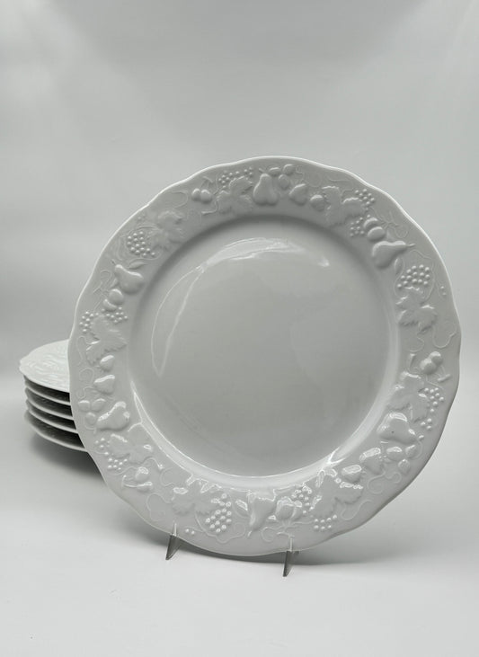 Set of 6 White Chargers – Philippe Deshoulieres France, Embossed Fruit Border