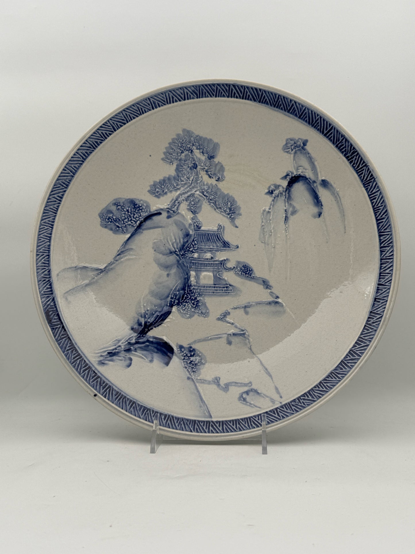 Vintage Japanese Blue And White Mountain Temple Platter
