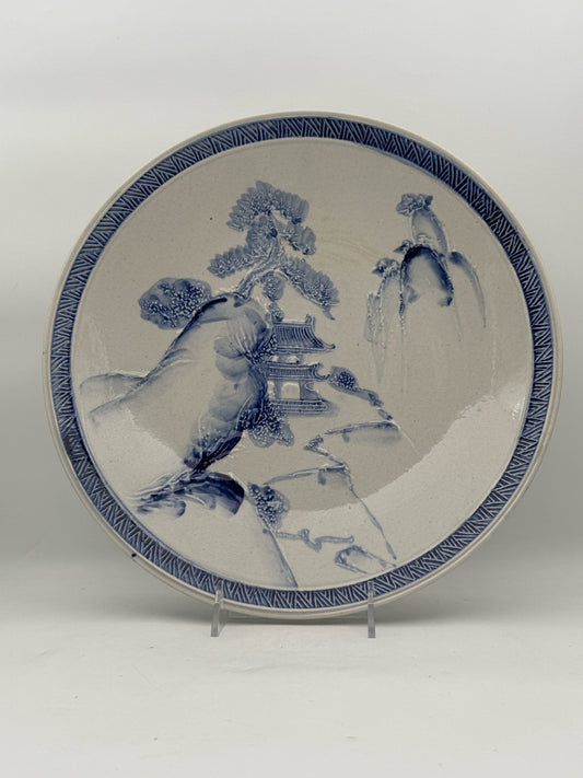 Vintage Japanese Blue And White Mountain Temple Platter