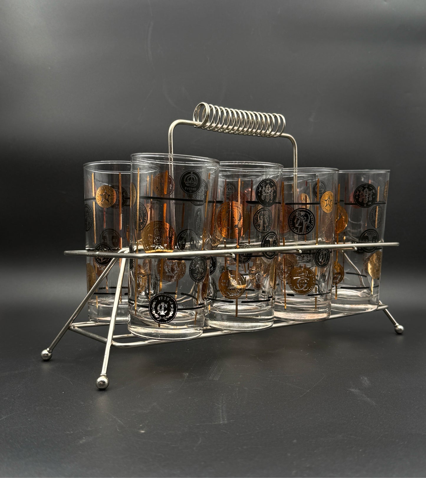 Mid Century Modern Libbey "Old Coin" Highball Glasses With Carrier