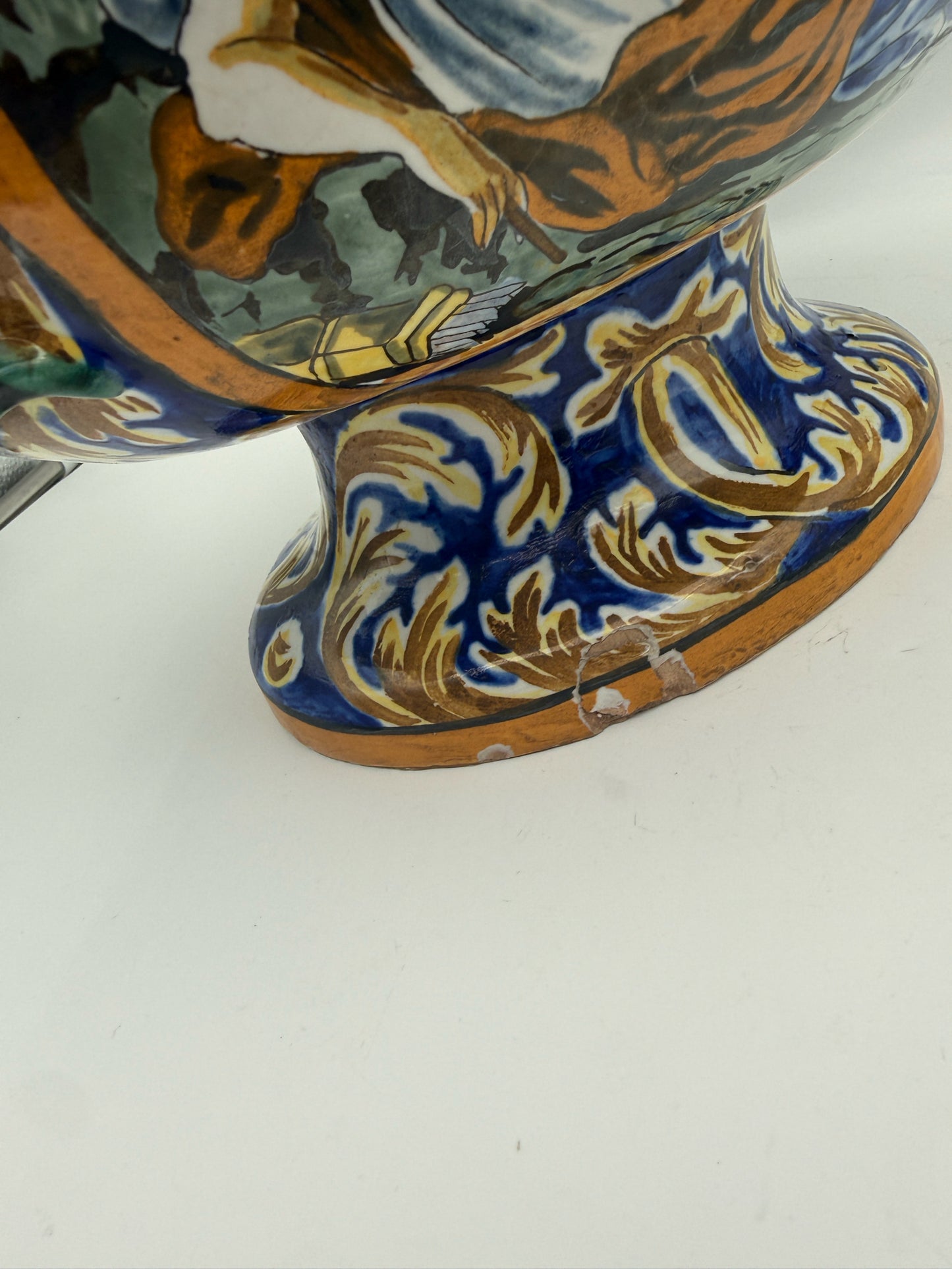 Antique Italian Majolica Zeus And Artemis Jardiniere With Snake Handles