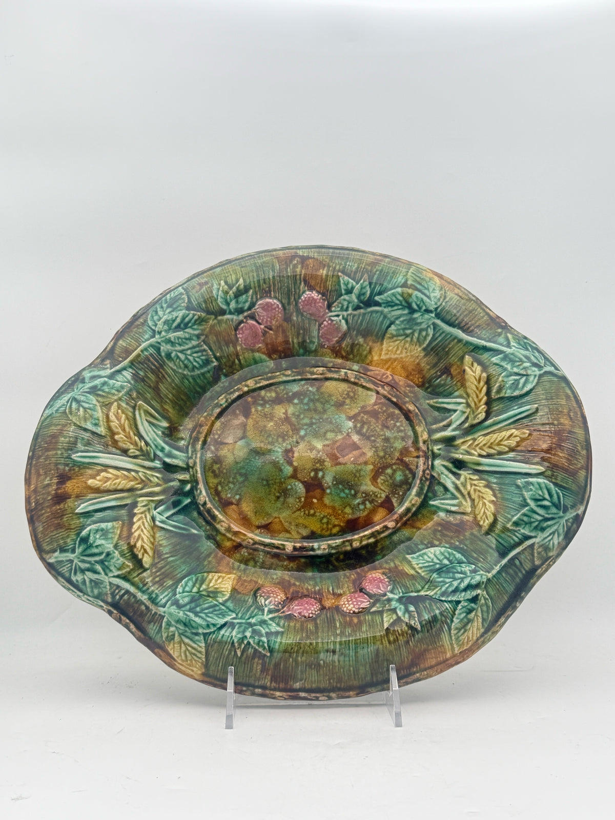 Antique Majolica Green With Berries Flat Serving Platter