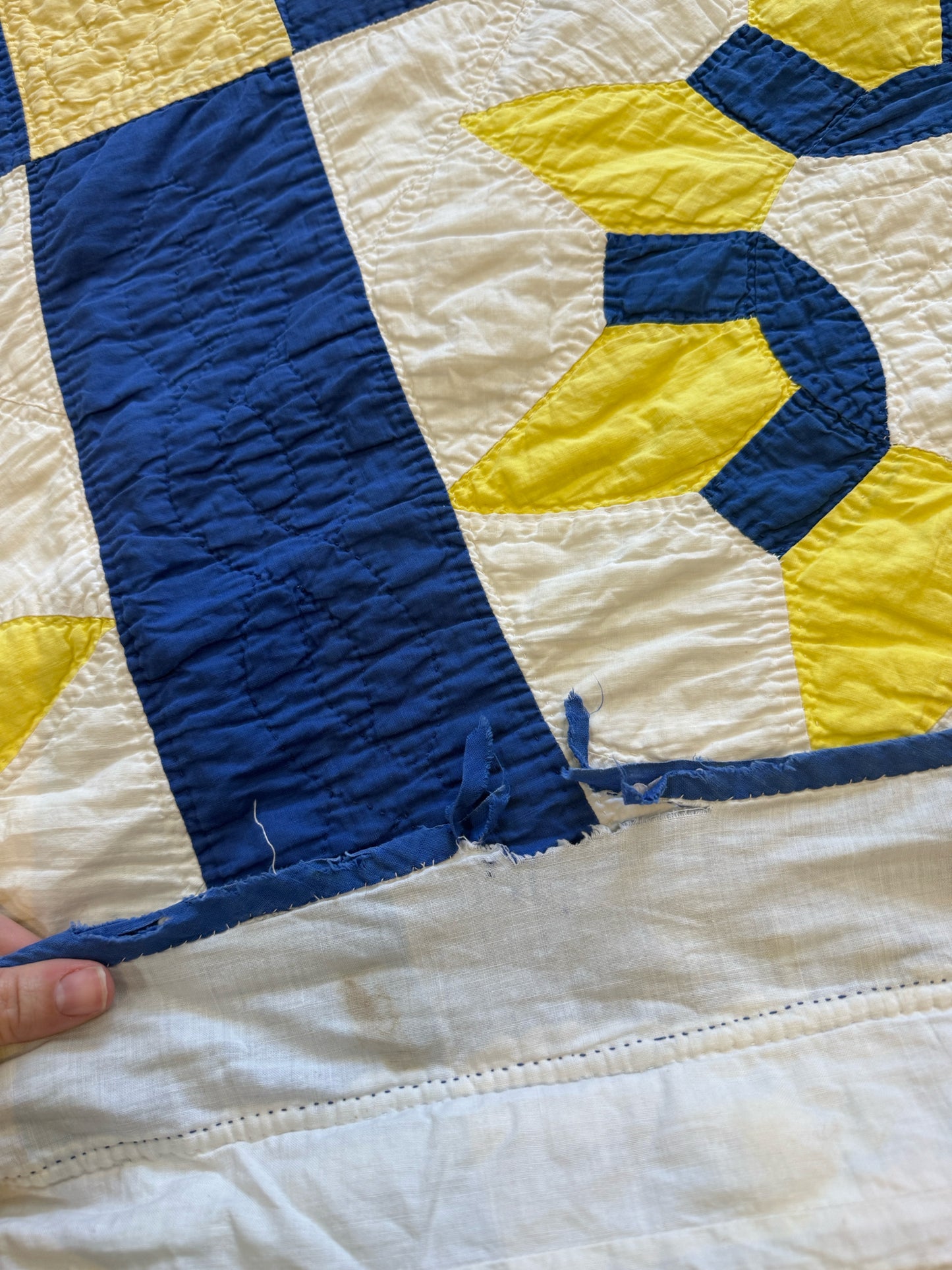 Vintage Blue And Yellow Star Block Quilt