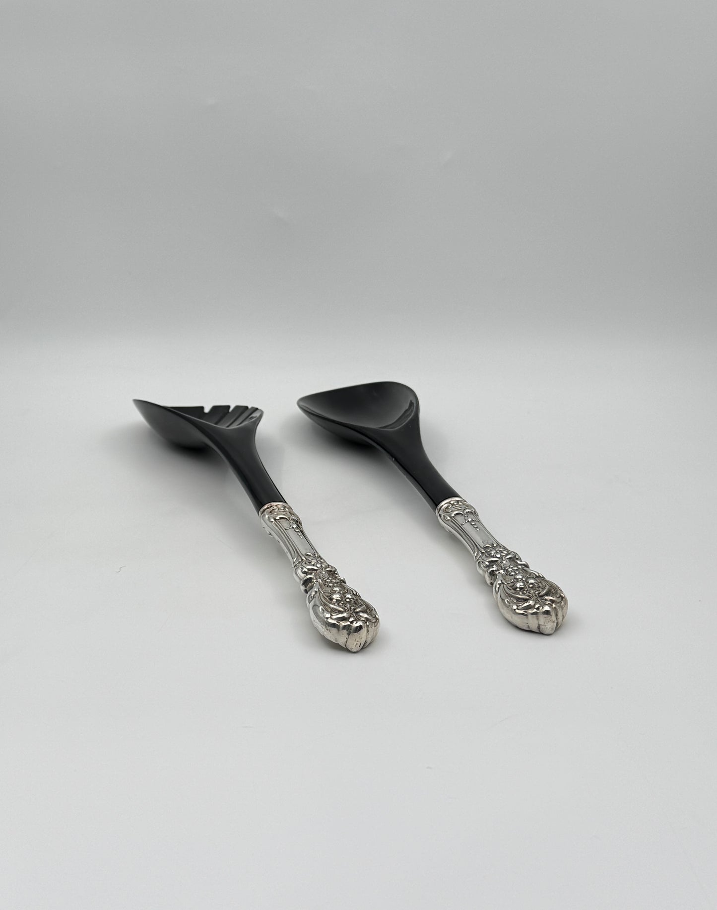 Reed & Barton Sterling Handled Salad Servers – Ornate Floral Pattern, Black Utensils
