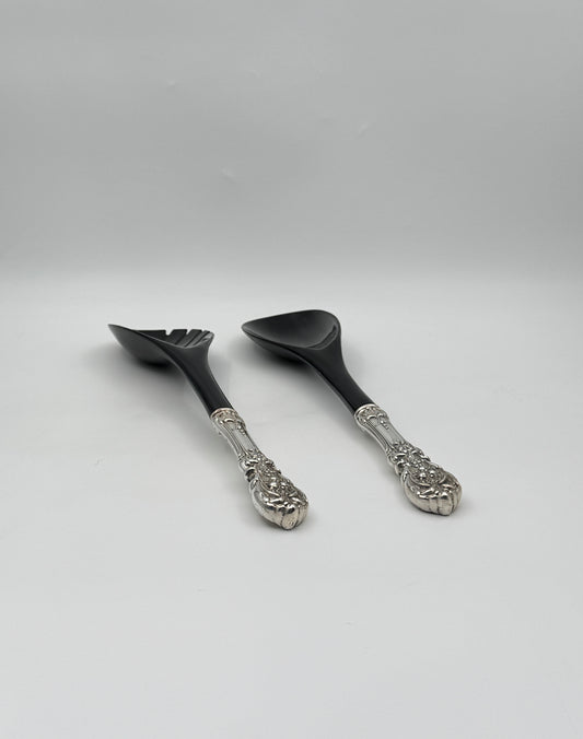Reed & Barton Sterling Handled Salad Servers – Ornate Floral Pattern, Black Utensils
