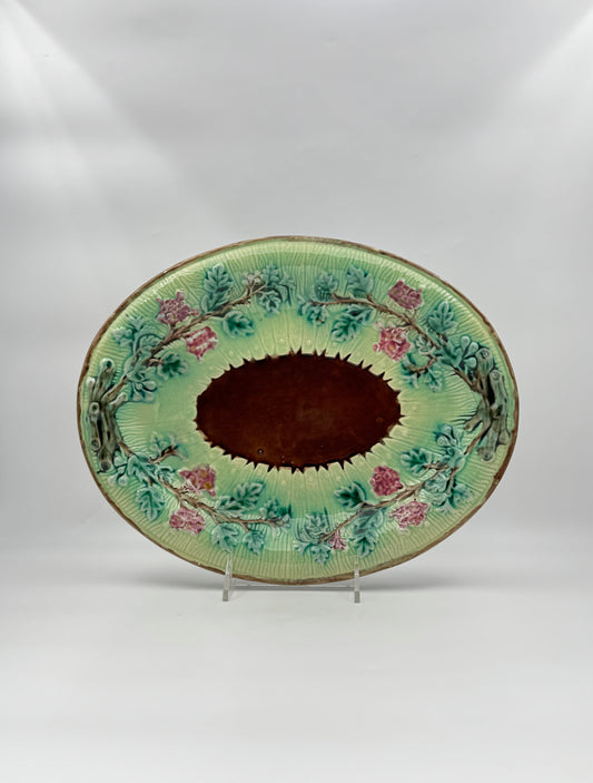 Majolica Oval Platter – Green and Brown with Pink Floral Relief