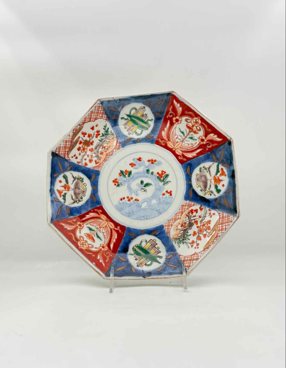Vintage Chinese Export Octagonal Porcelain Plate Red Blue c 1940s