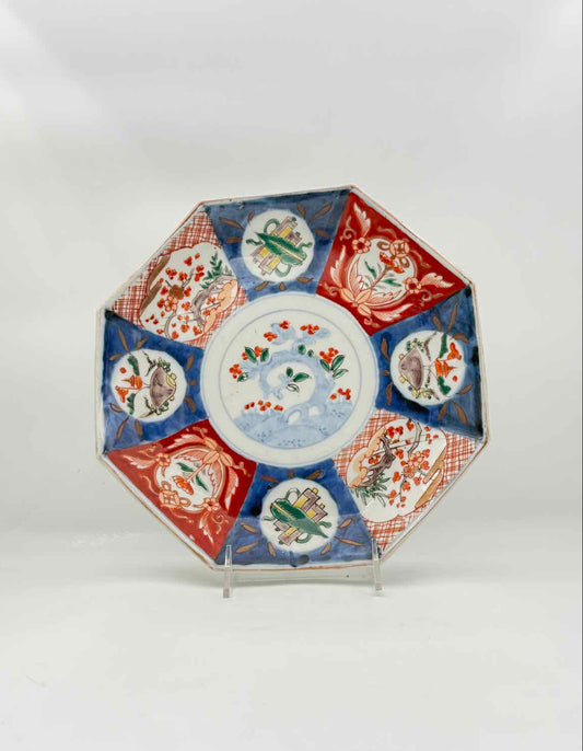 Vintage Chinese Export Octagonal Porcelain Plate Red Blue c 1940s