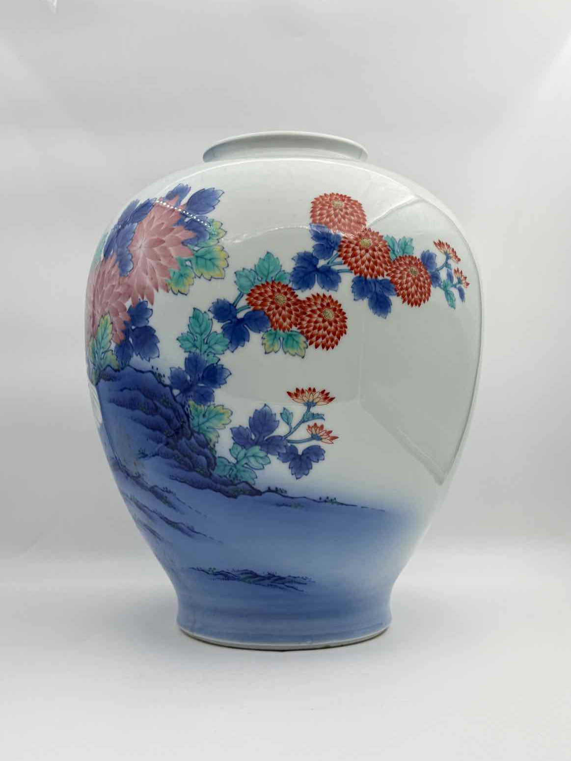 Vintage Koransha Blue Dove Porcelain Vase Blue Cream Floral Landscape