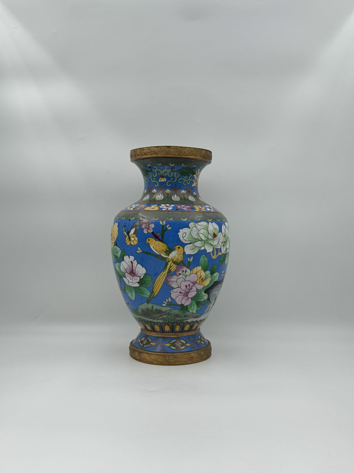 Vintage Blue Cloisonne Enamel Vase with Flowers Birds & Butterfly Art
