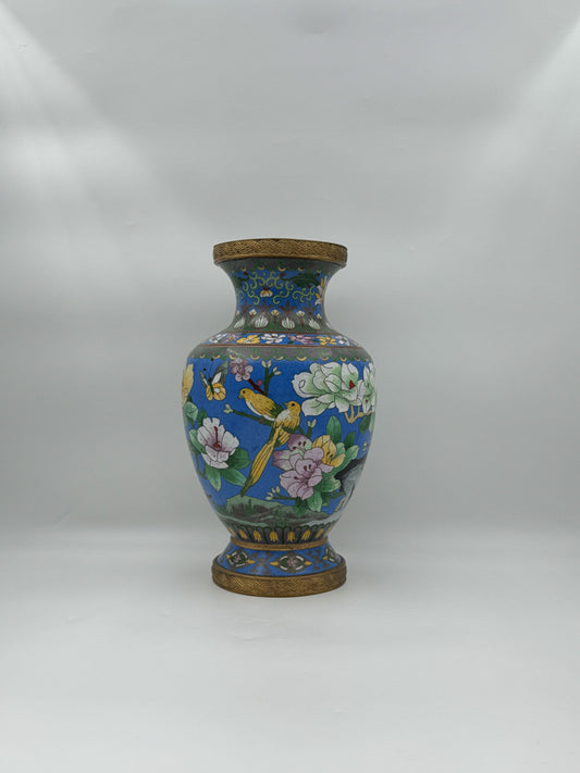Vintage Blue Cloisonne Enamel Vase with Flowers Birds & Butterfly Art
