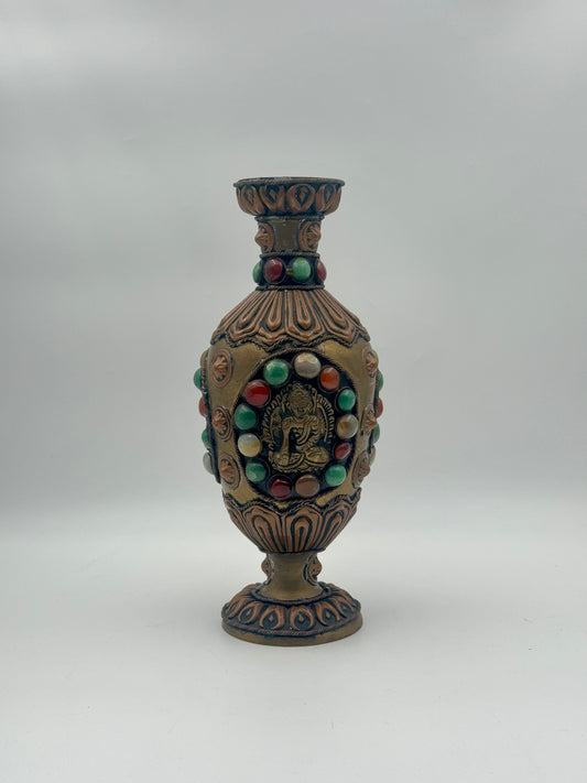 Metal Vase with Buddha & Gemstone Accents