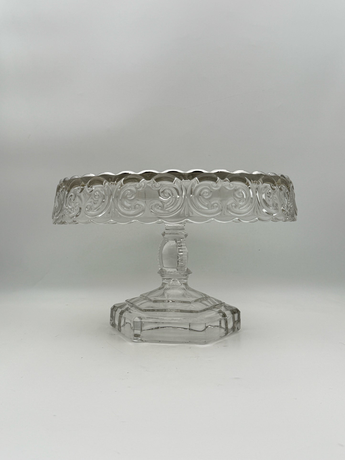 Vintage Glass Pedestal Cake Stand With Silver Poppies