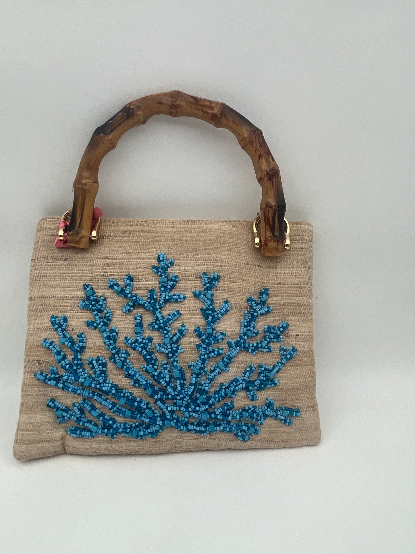 Hand Beaded Turquoise Coral Purse with Bamboo Handle