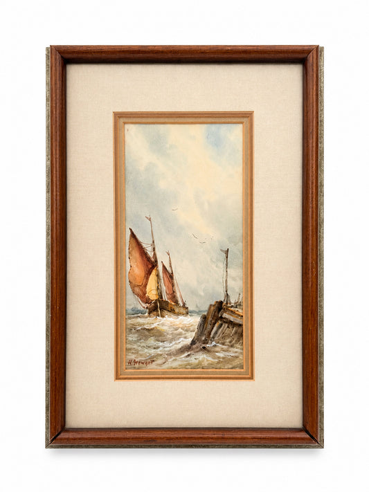 W. Stewart Framed Watercolor Of A Ship At Sea