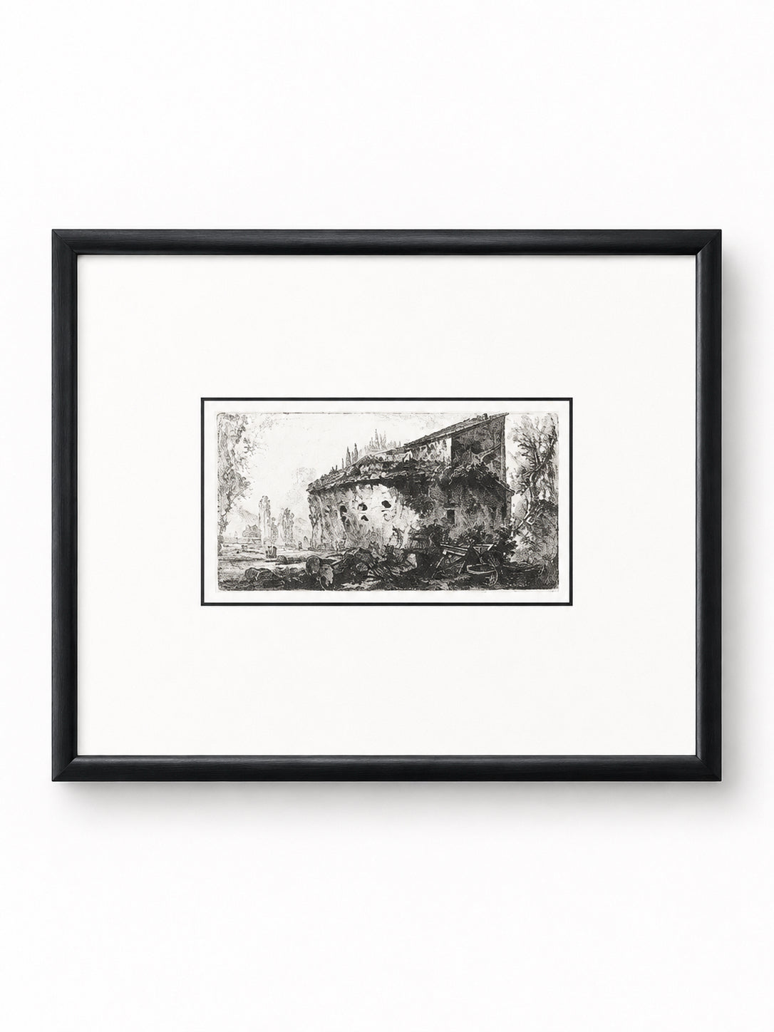 Framed Black And White Etching Of A European Castle Ruin
