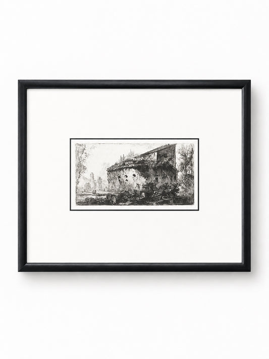 Framed Black And White Etching Of A European Castle Ruin