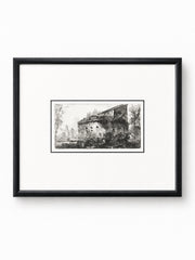 Framed Black And White Etching Of A European Castle Ruin