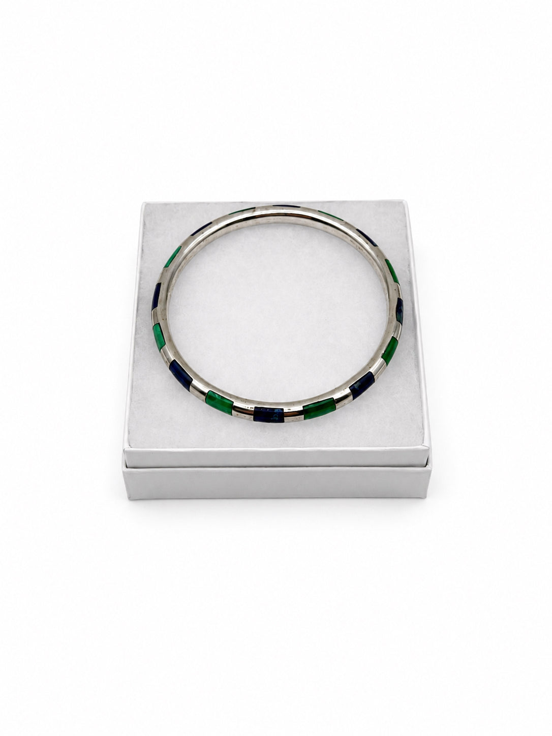 Vintage Sterling Silver Bangle With Lapis And Malachite Inlay