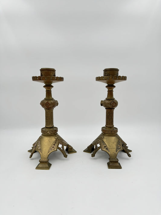 Pair of Ornate Brass Candlesticks – 7" Gothic Revival Style