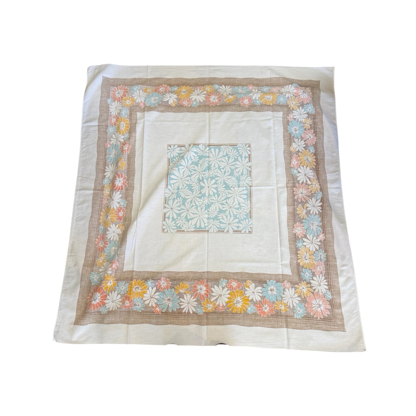 Mid Century Blue And Brown Daisy Border Tablecloth