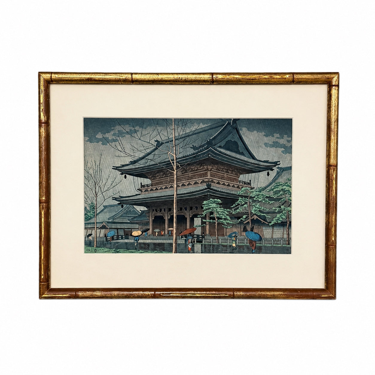 "Rain in Higashi- Honganji Temple, Kyoto" Japanese Woodblock Print