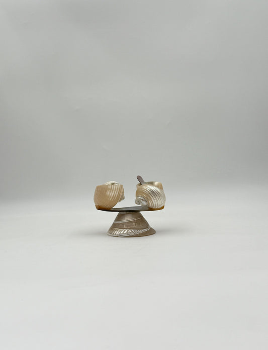 Polished Shell Salt & Pepper Set on Pedestal with Spoon
