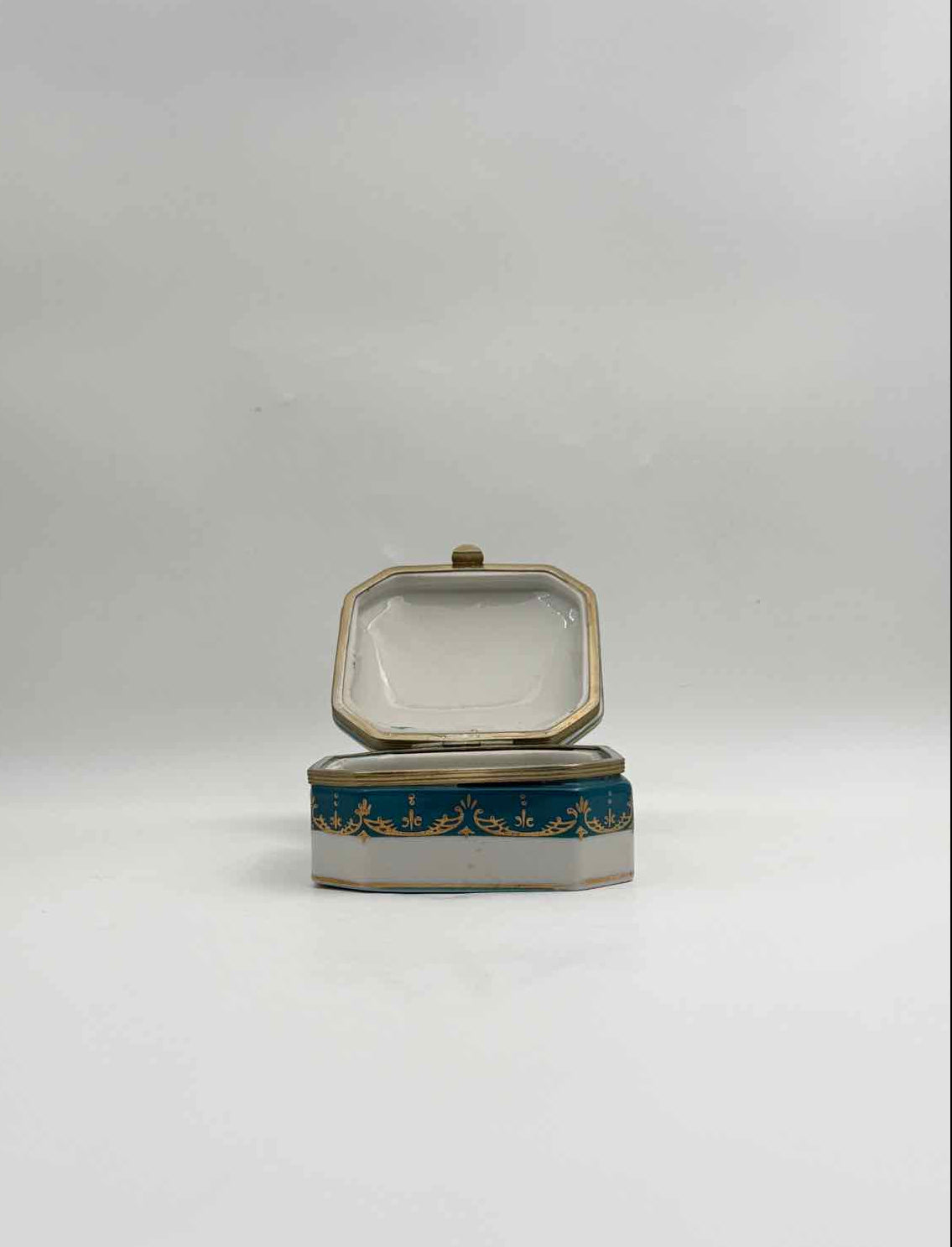 Vintage Octagonal Turquoise Floral Porcelain Trinket Box Gold Trim