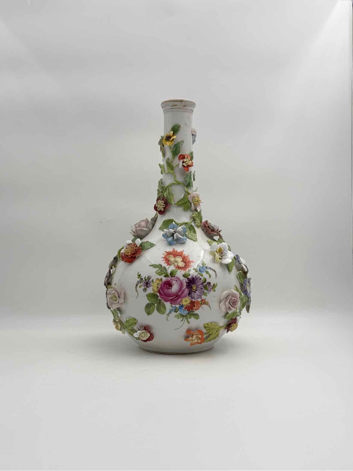 Antique 19th Century Meissen Inspired Floral Encrusted Handpainted Vases
